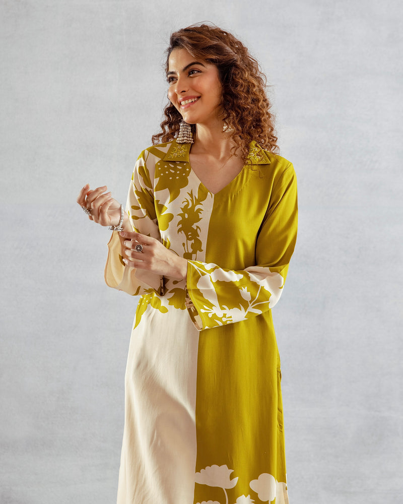 Greenish Yellow Flora Cotton A Line Kurta Palazzo Set