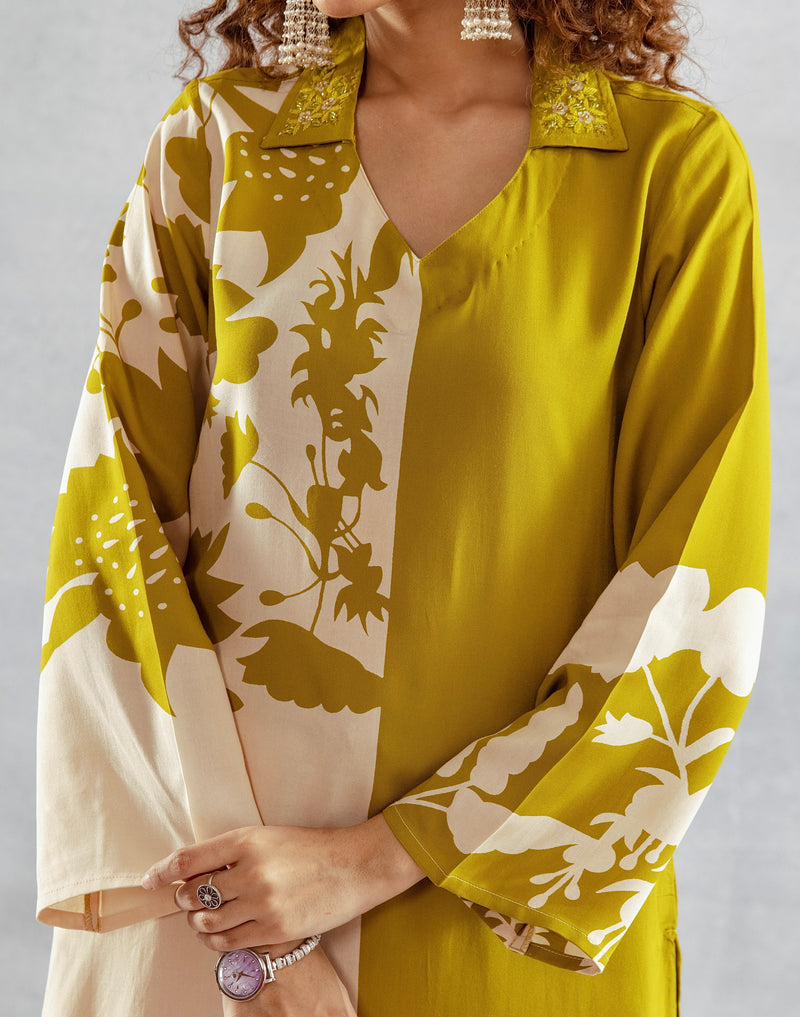 Greenish Yellow Flora Cotton A Line Kurta Palazzo Set