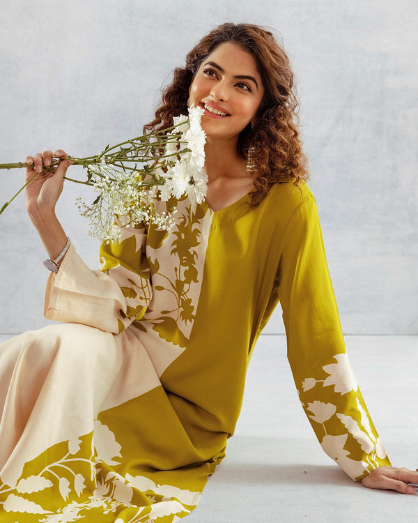 Greenish Yellow Flora Cotton A Line Kurta Palazzo Set