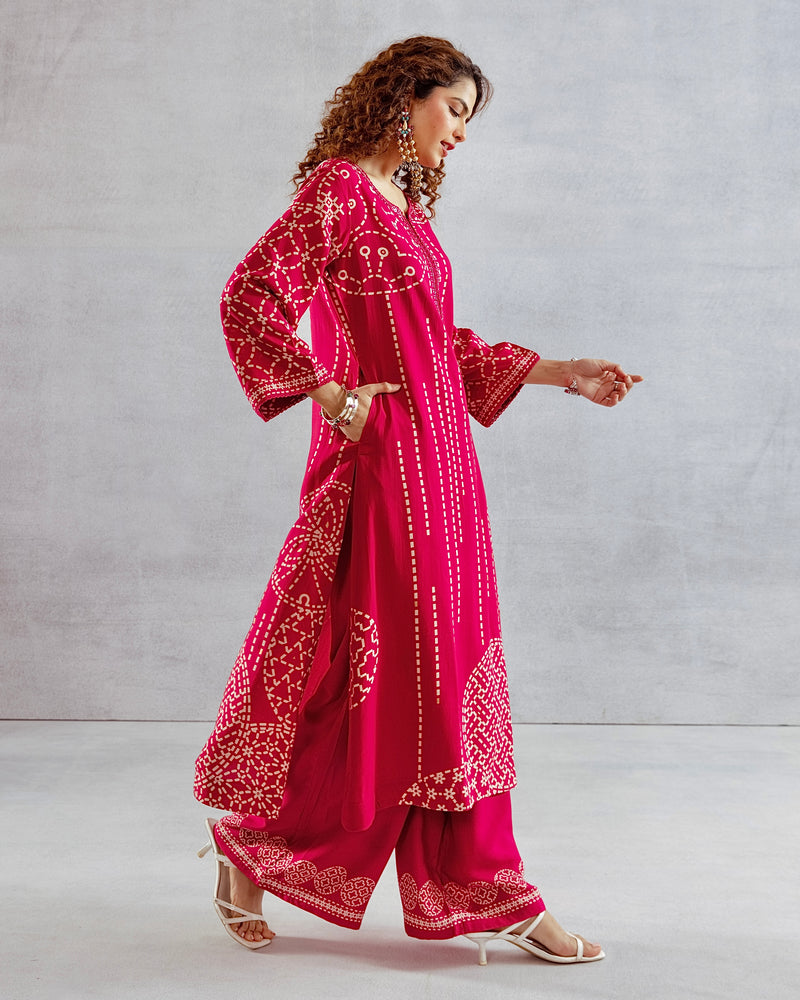 Gulaabo Bandhej Cotton A Line Kurta Palazzo Set