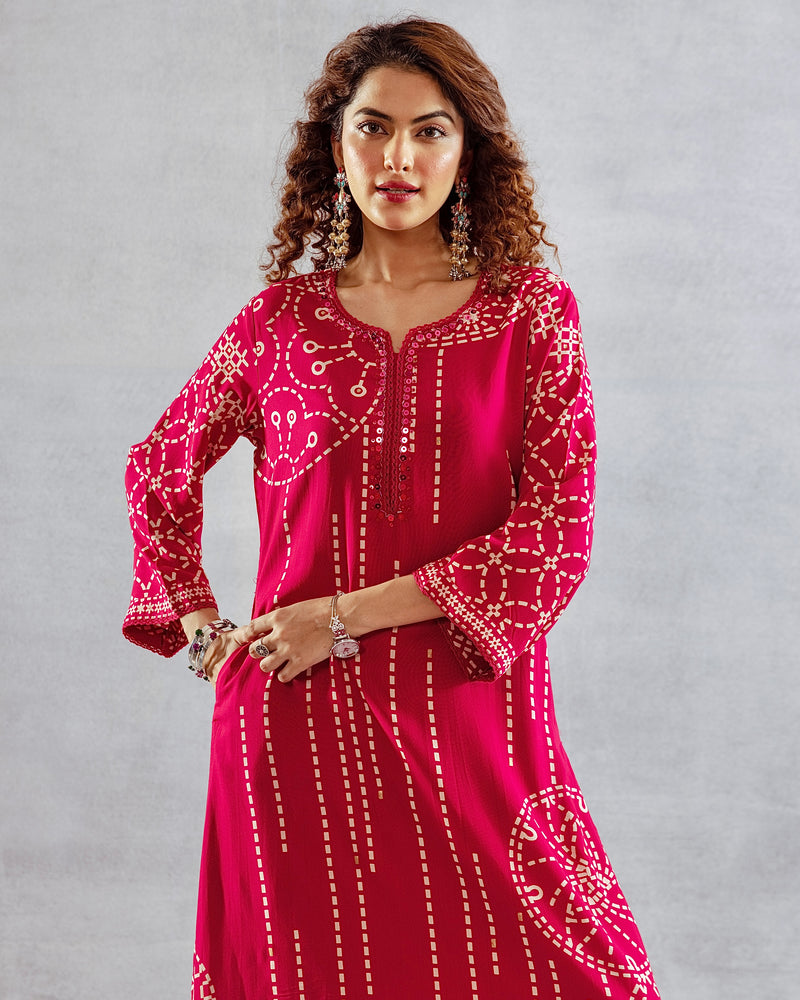Gulaabo Bandhej Cotton A Line Kurta Palazzo Set