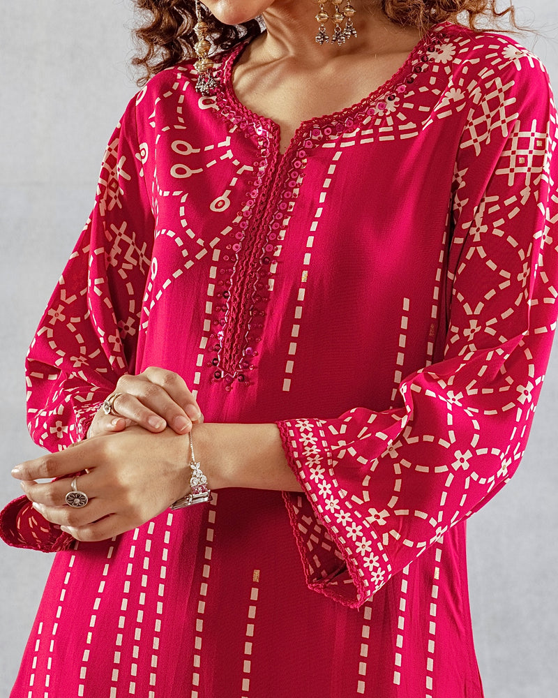 Gulaabo Bandhej Cotton A Line Kurta Palazzo Set