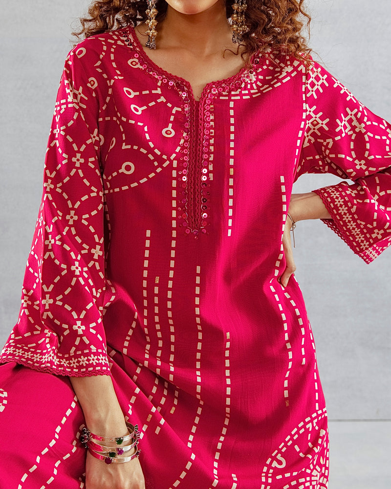 Gulaabo Bandhej Cotton A Line Kurta Palazzo Set