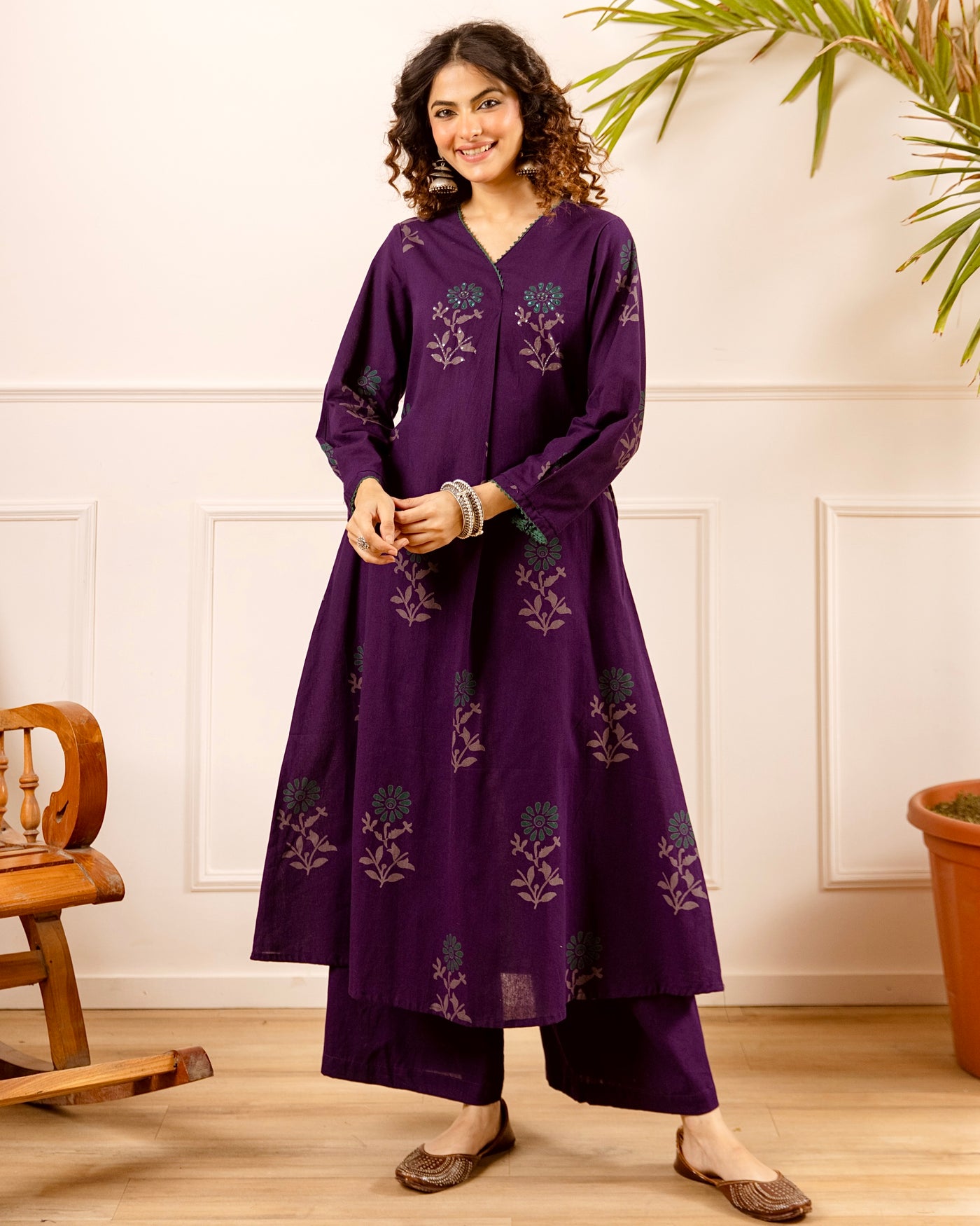 Royal Plum Floral Grace A Line Cotton Kurta Set