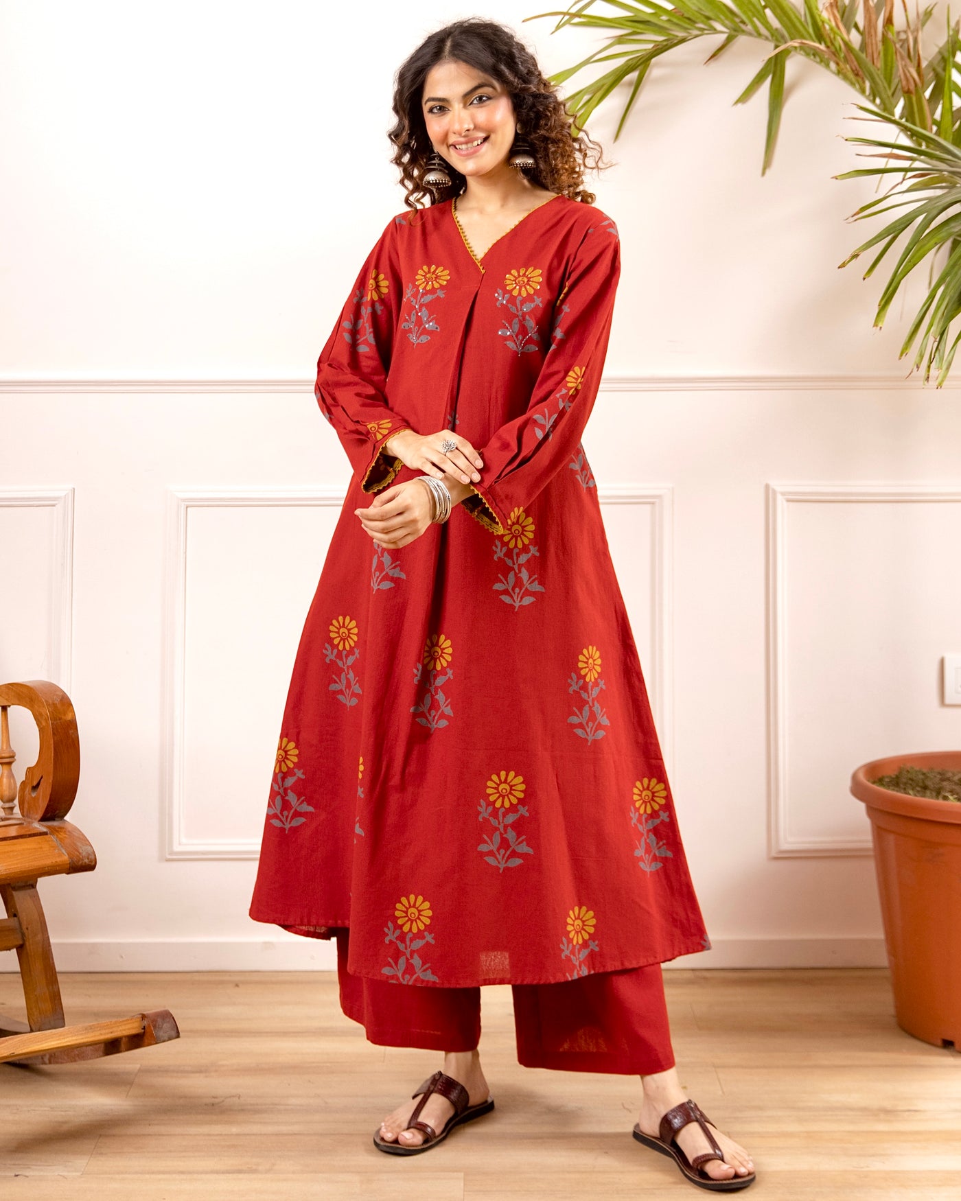 Rust Plum Floral Grace A Line Cotton Kurta Set