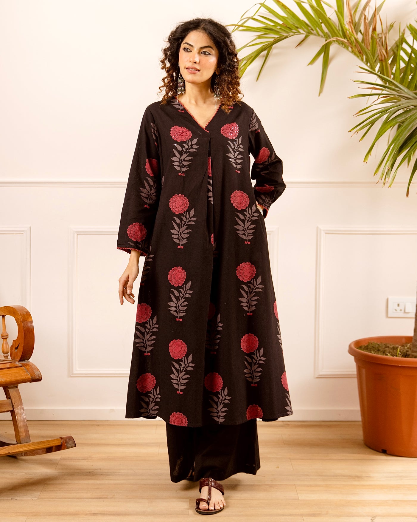 Black Scarlet Floral Grace A Line Cotton Kurta Set