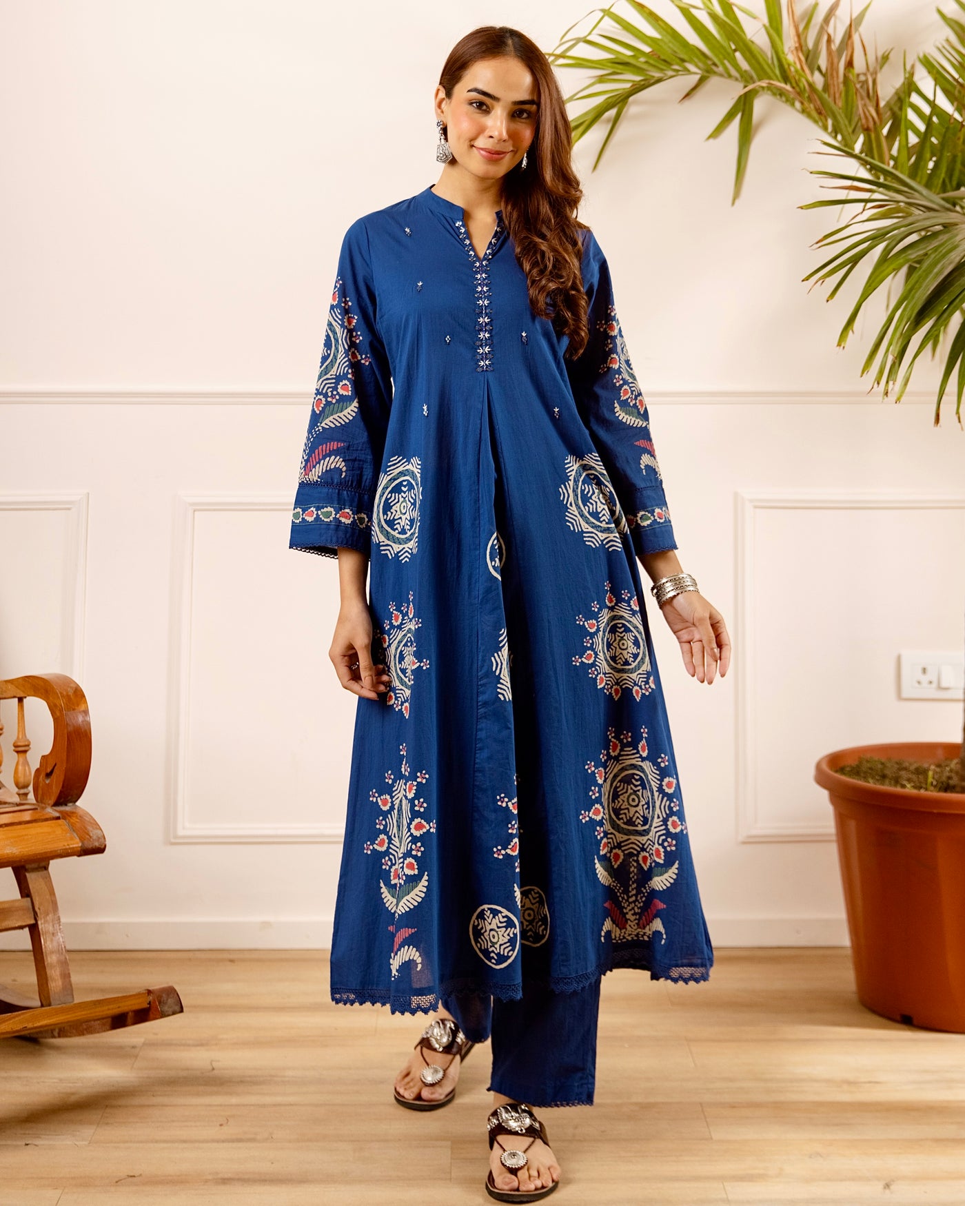 Blue Mandala Bloom A Line Cotton Kurta Set