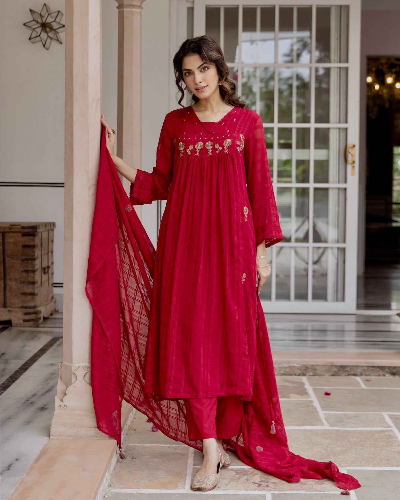 Rani Red Mul Kota Doria Threadwork A Line Suit