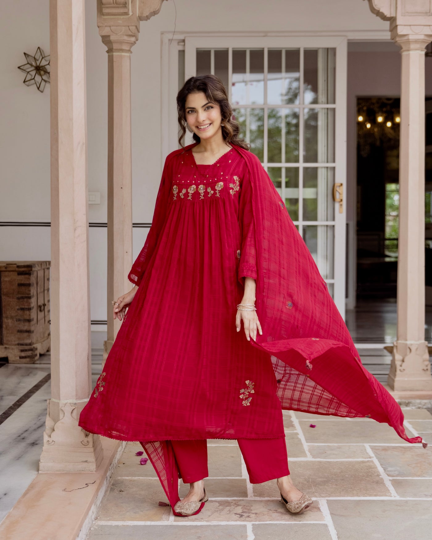 Rani Red Mul Kota Doria Threadwork A Line Suit