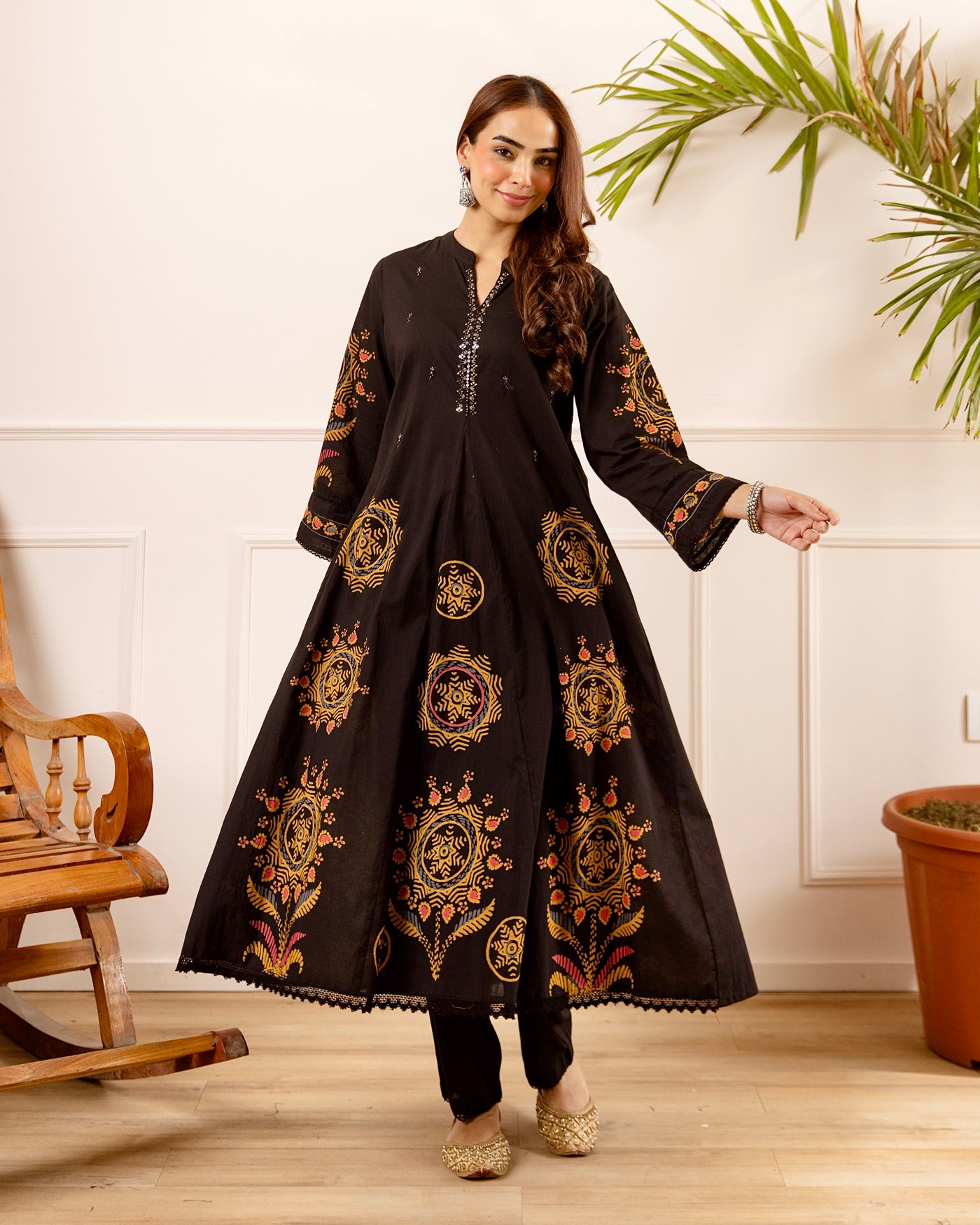 Black Mandala Bloom A Line Cotton Kurta Set