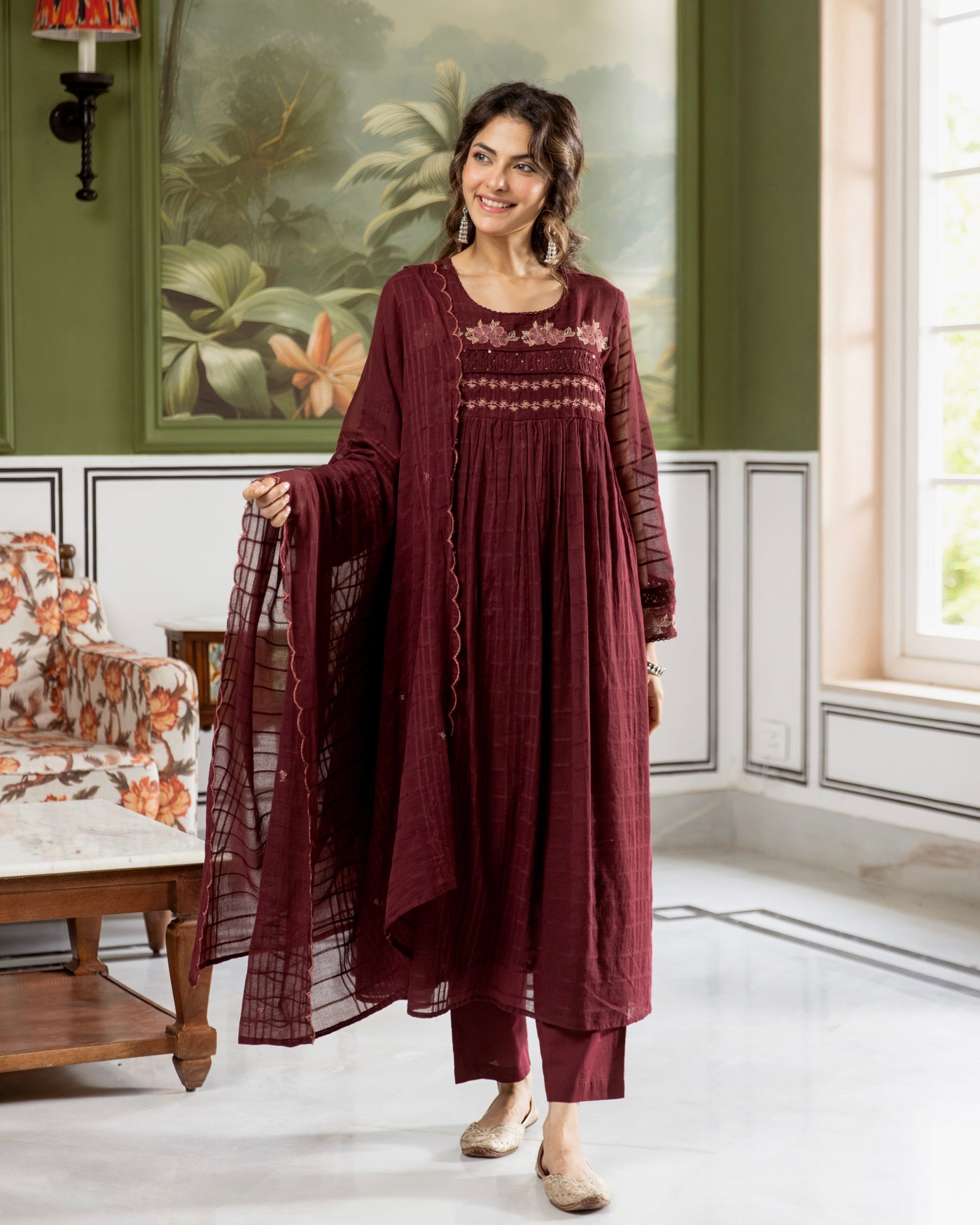Meher Wine Mul Kota Doria Threadwork A Line Suit
