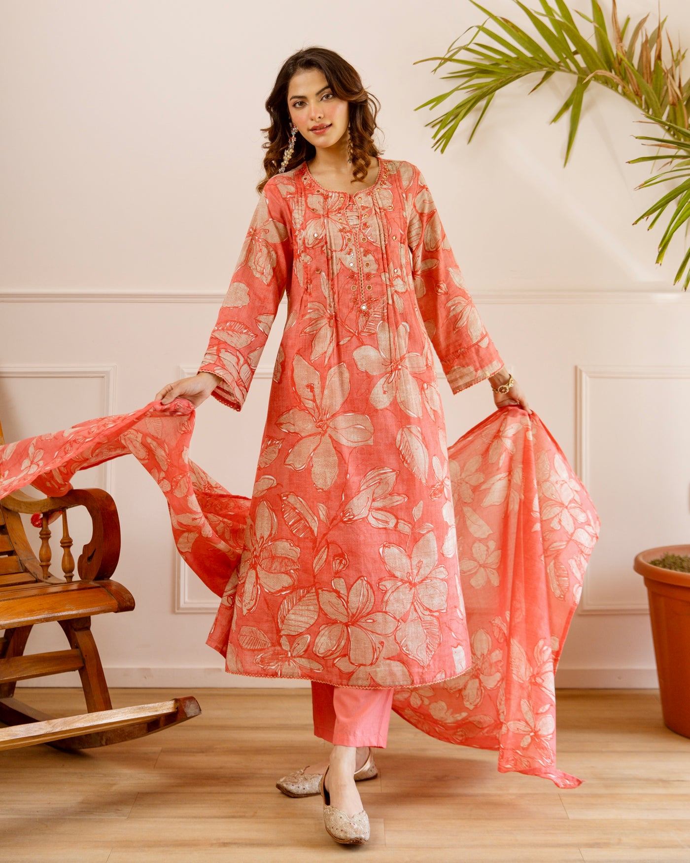 Coral Blossom Charm Handwork A Line Cotton Suit