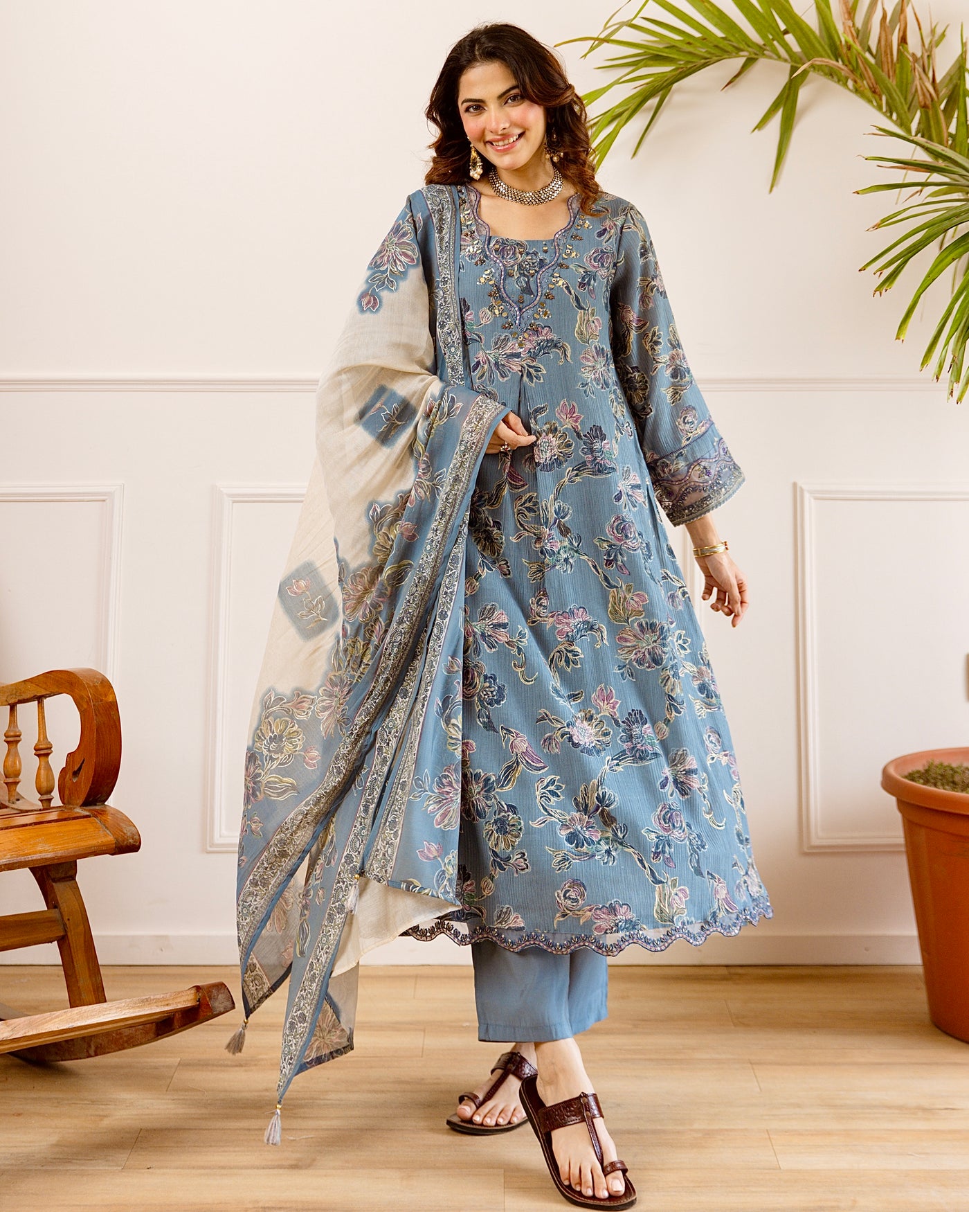 Dusty Greyish Blue Mul Crush A Line Handwork Suit