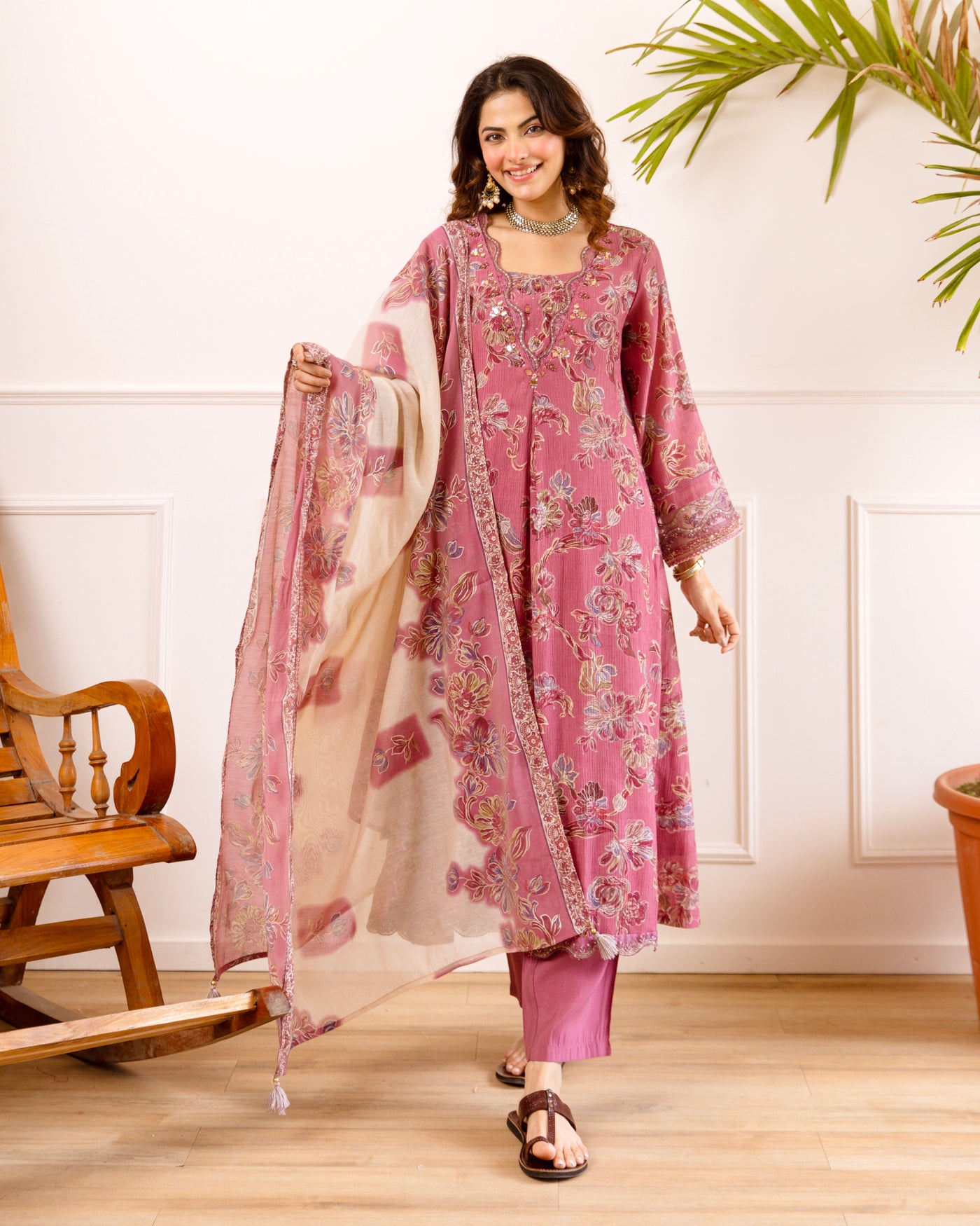 Gulab Petals Mul Crush A Line Handwork Suit