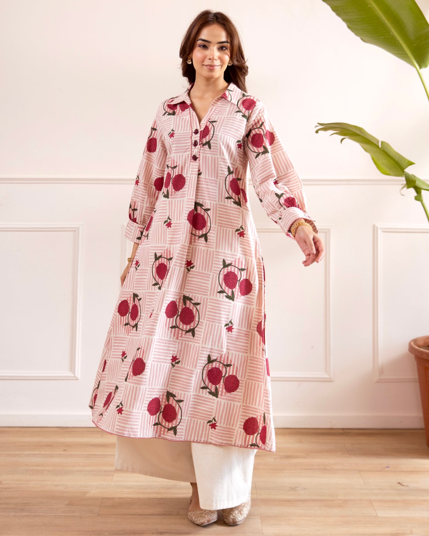 Gulmohar Blush Pink A Line Cotton Kurta Set