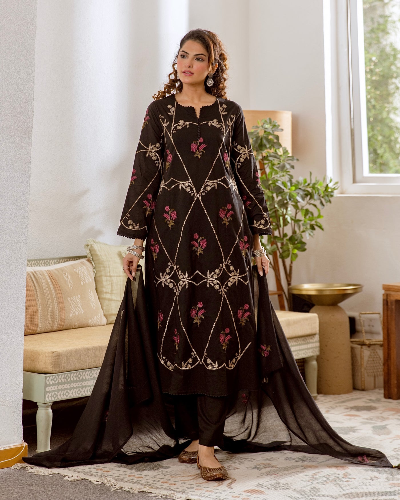 Black Evening Garden Embroidered Cotton Suit