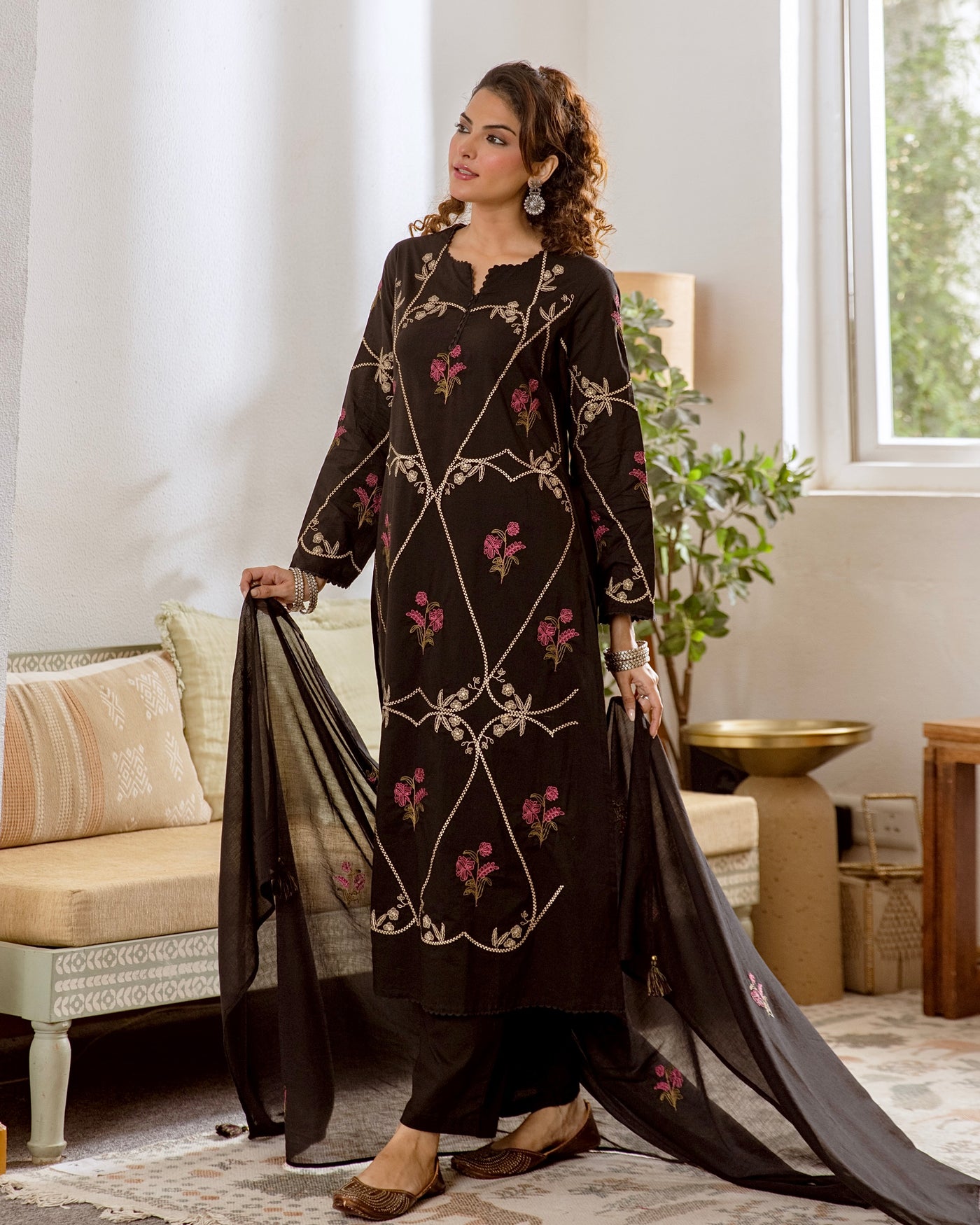 Black Evening Garden Embroidered Cotton Suit