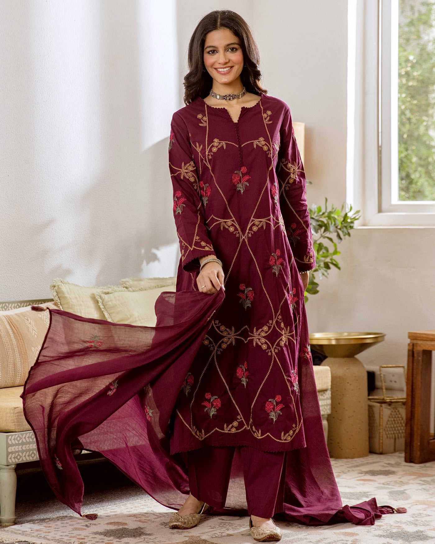Wine-e-Gul Garden Embroidered Cotton Suit