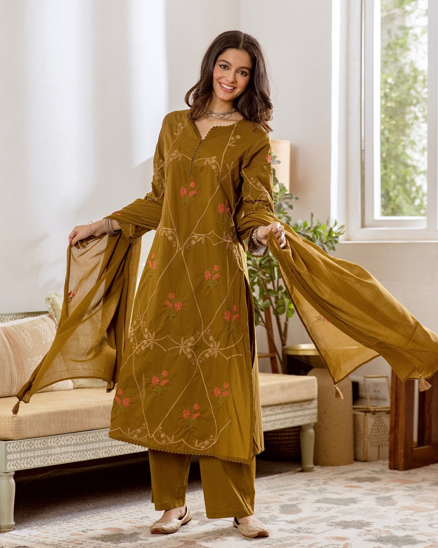 Sunehri Olive Garden Embroidered Cotton Suit