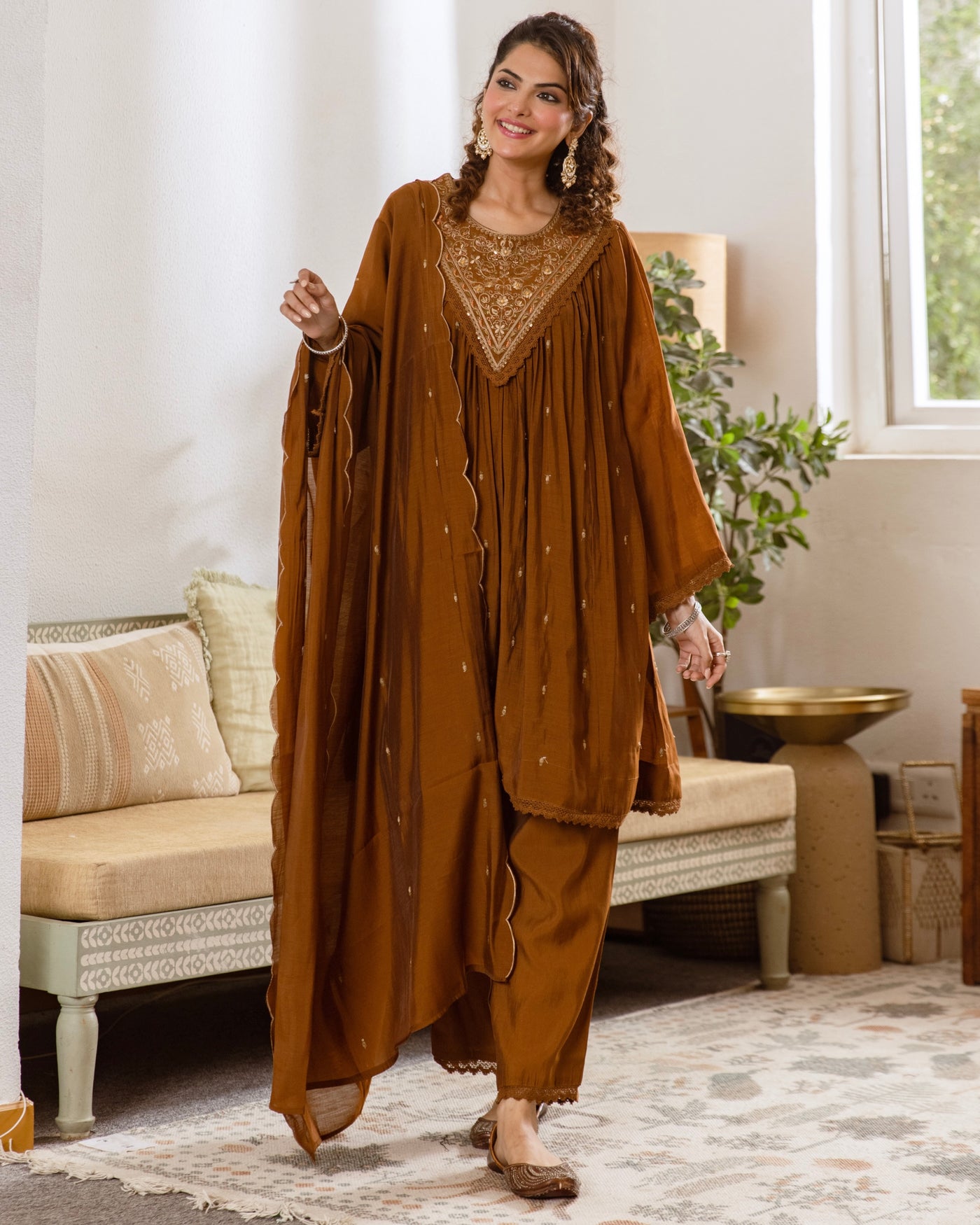Cinnamon Brown Mul Chanderi A Line Threadwork Suit