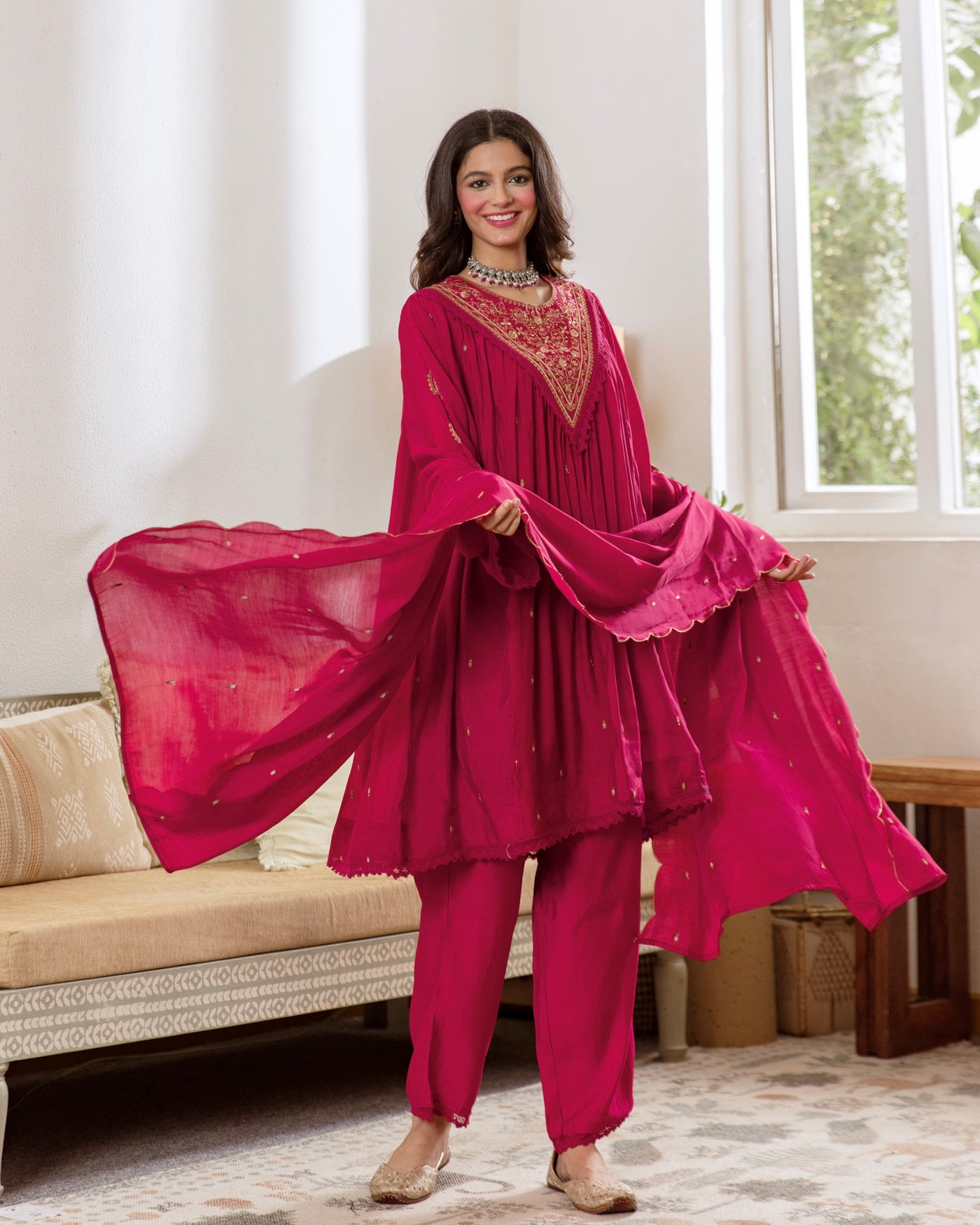 Gulab Noor Mul Chanderi A Line Threadwork Suit