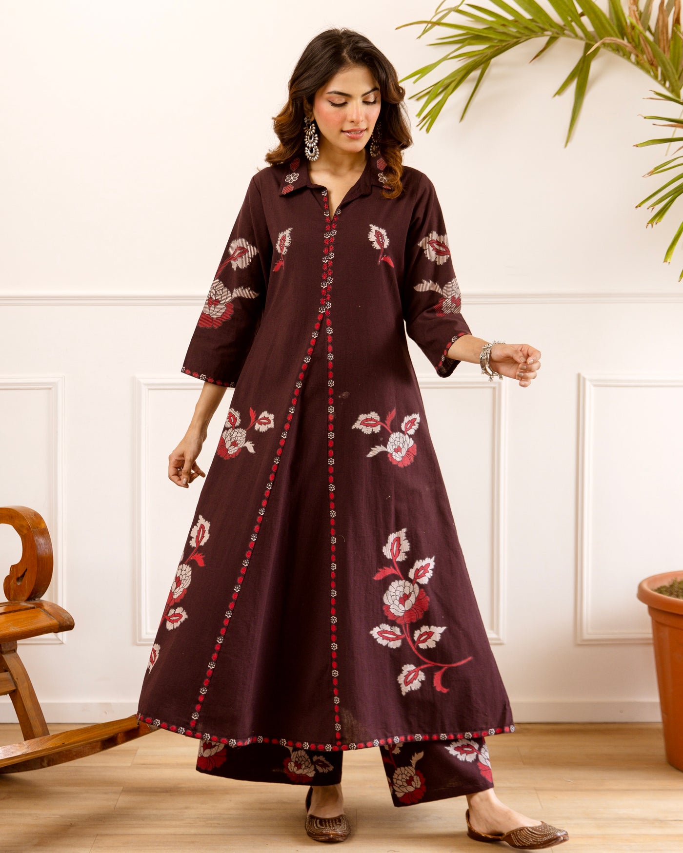 Mocha Floral Cotton A Line Kurta Palazzo Set