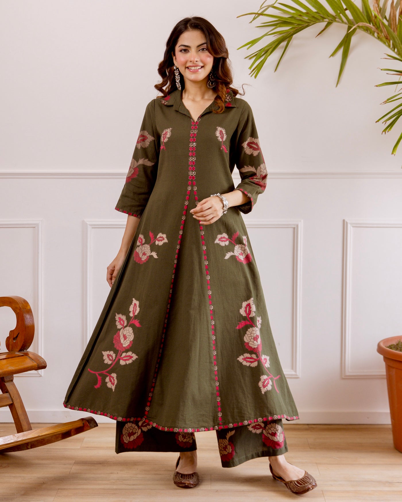 Olive Floral Cotton A Line Kurta Palazzo Set