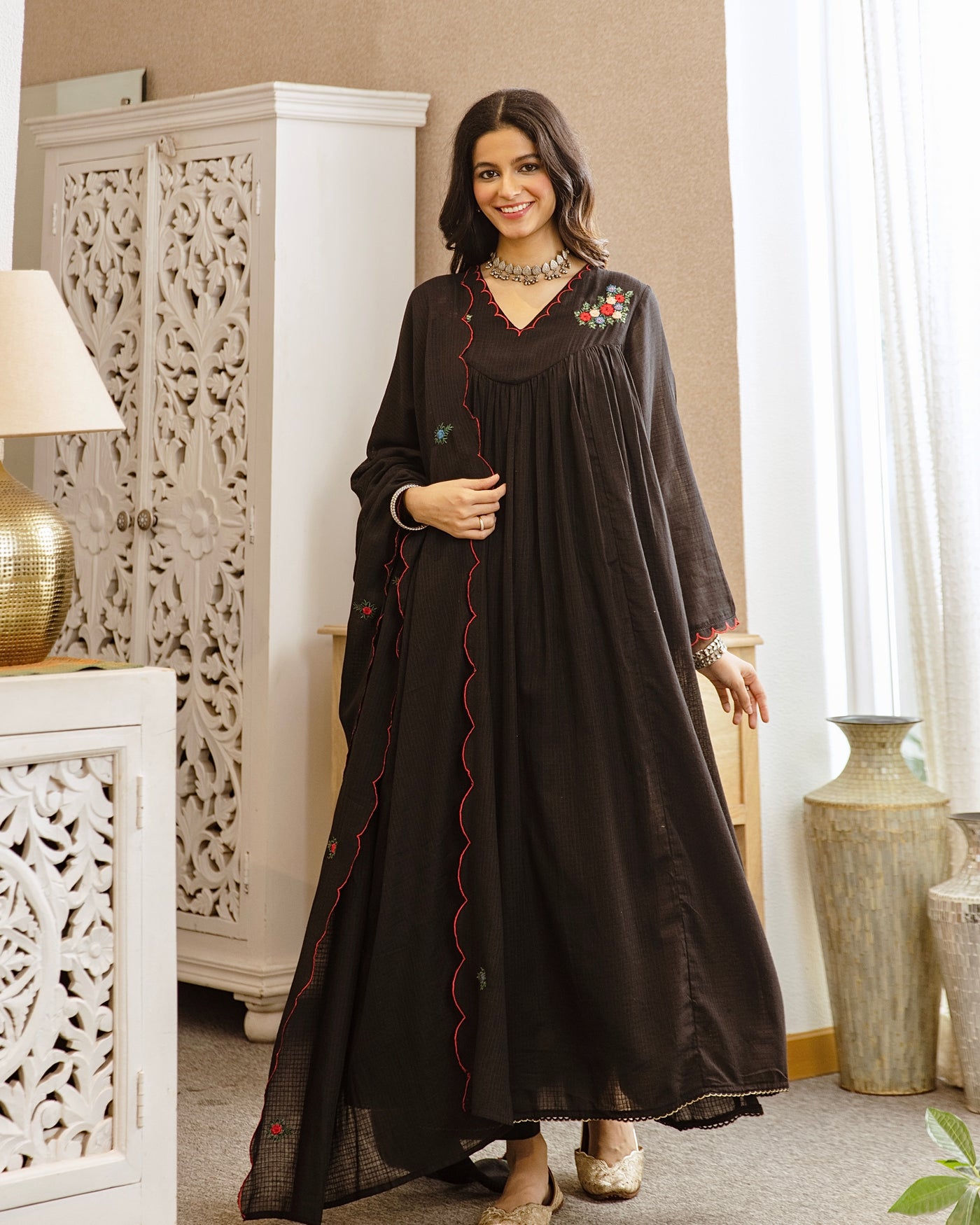 Mehru Black Mul Cotton A Line Threadwork Suit