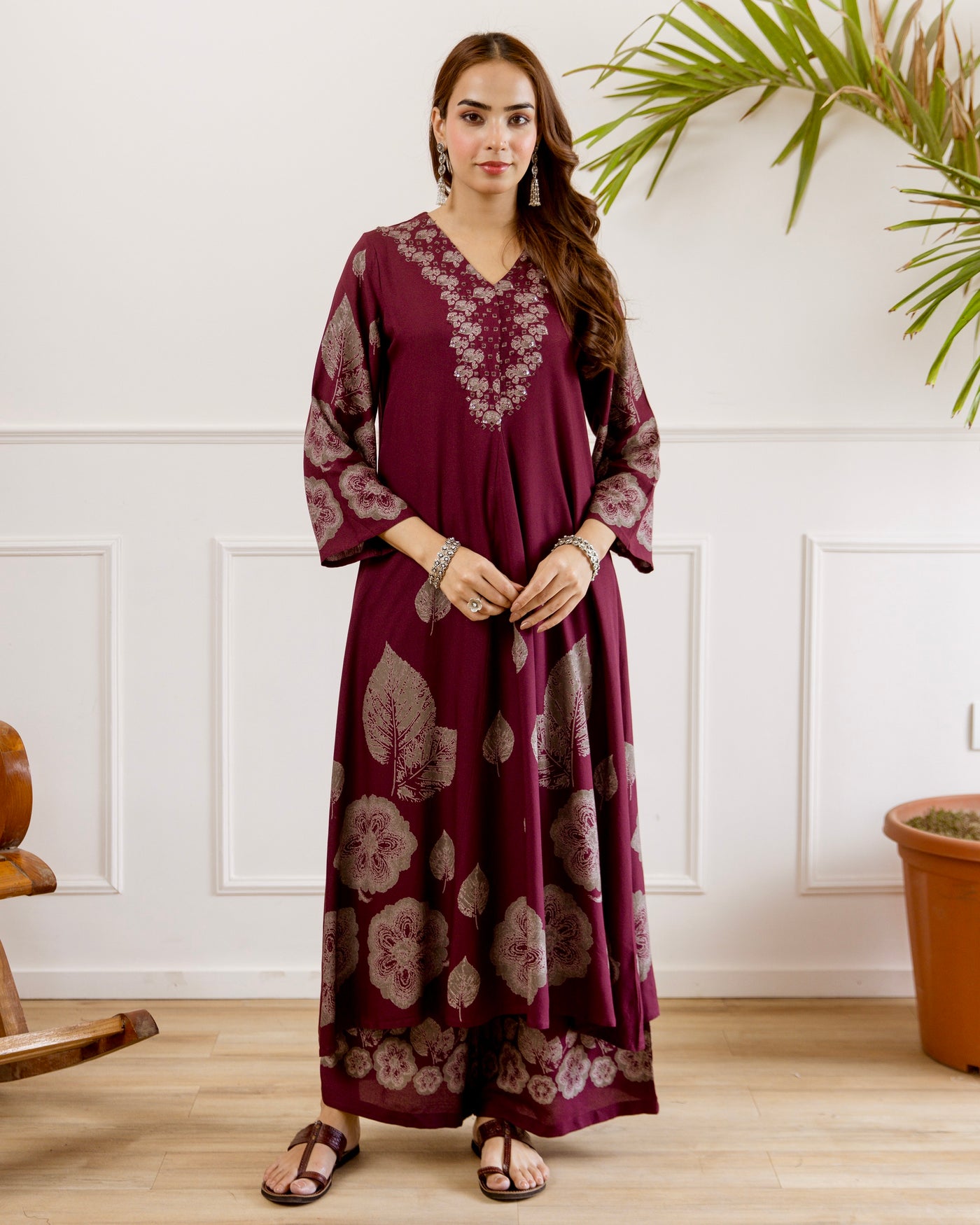 Wine Autumn Bloom Cotton A Line Kurta Set