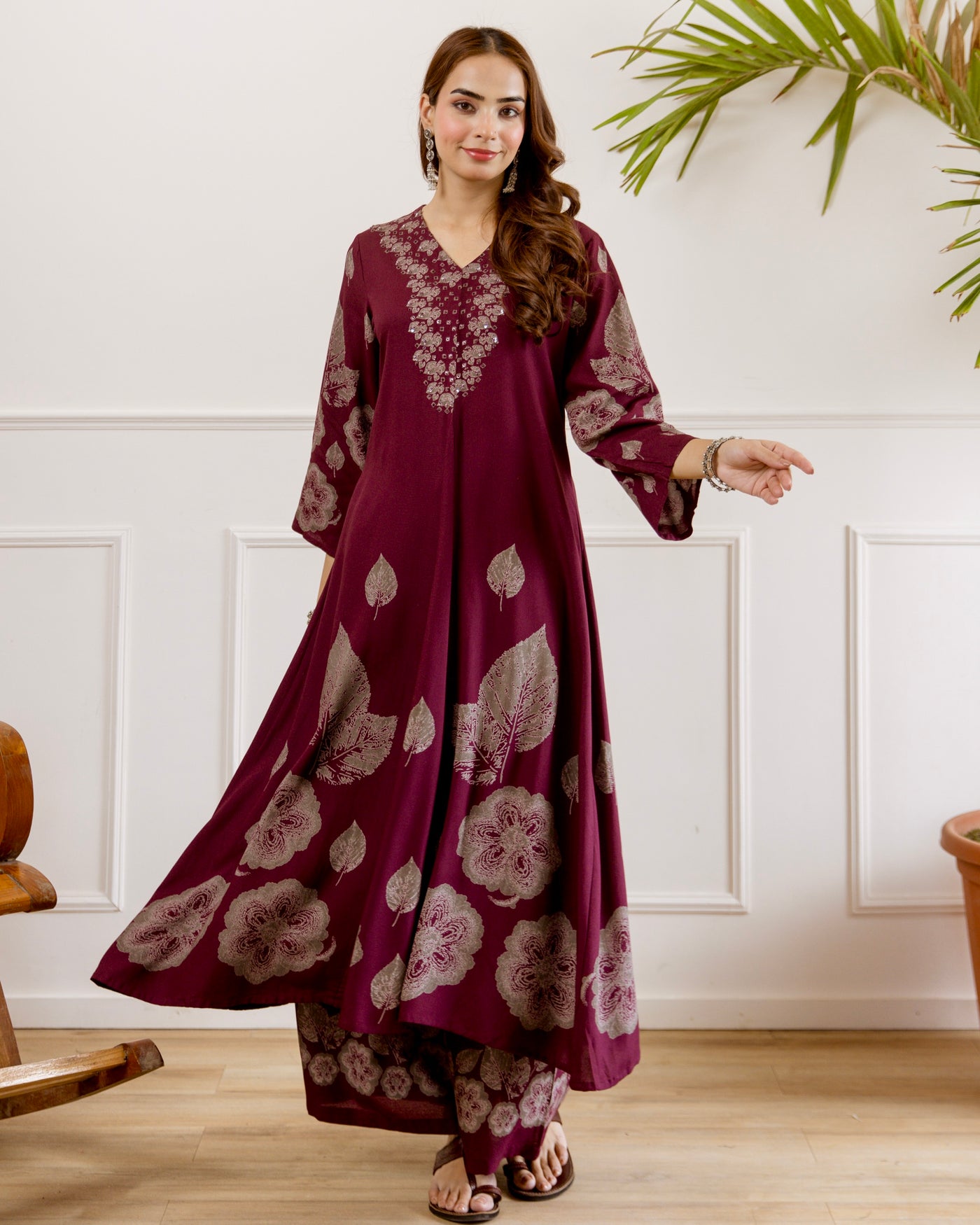 Wine Autumn Bloom Cotton A Line Kurta Set