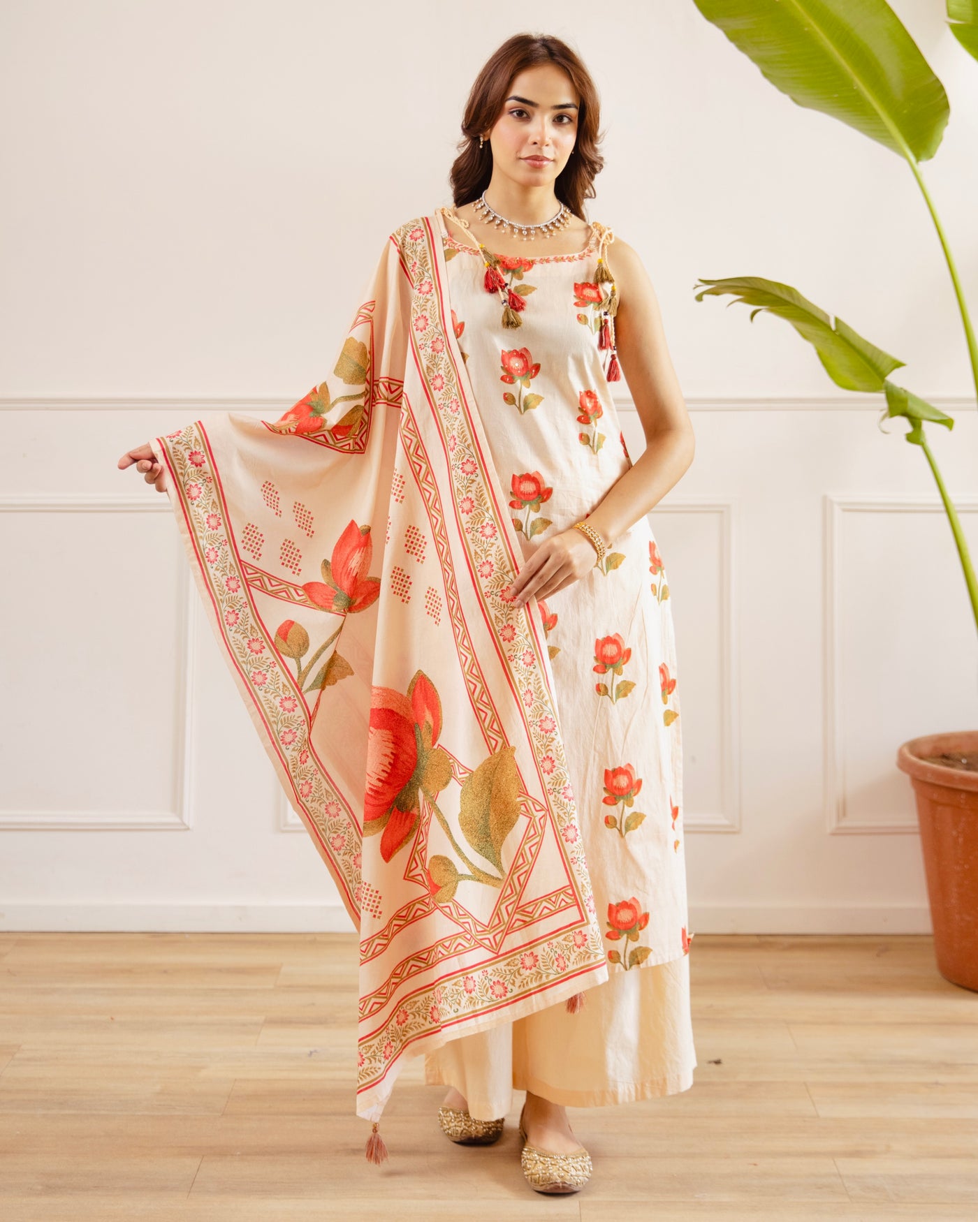 Ivory Peach Lotus Tassels Cotton Suit