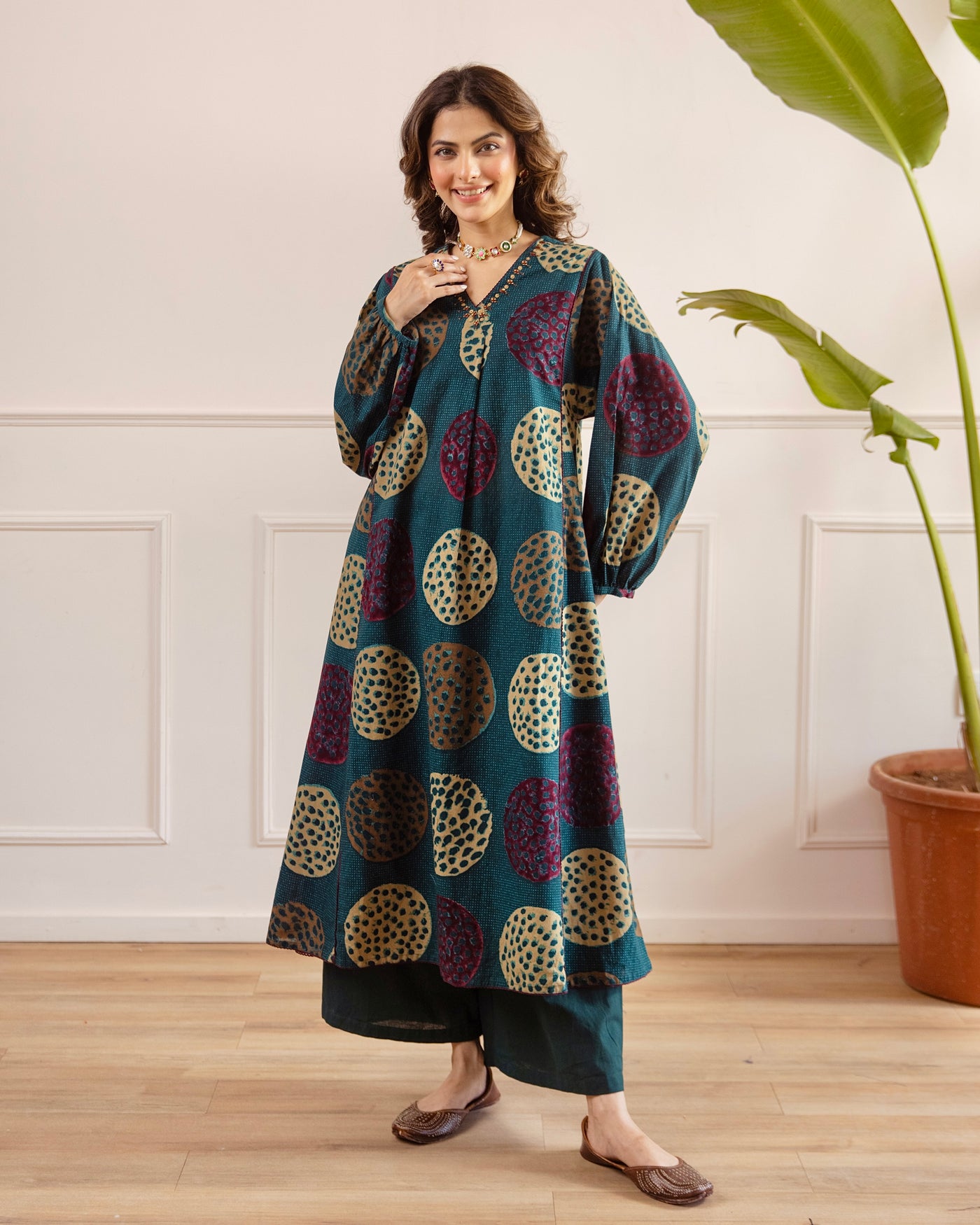 Teal Modern Bandhej A Line Cotton Kurta Set