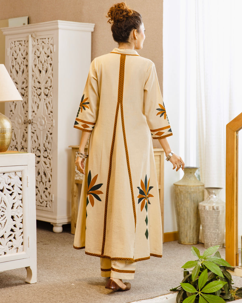 Ivory Bloom Mirrorwork A Line Cotton Kurta Set