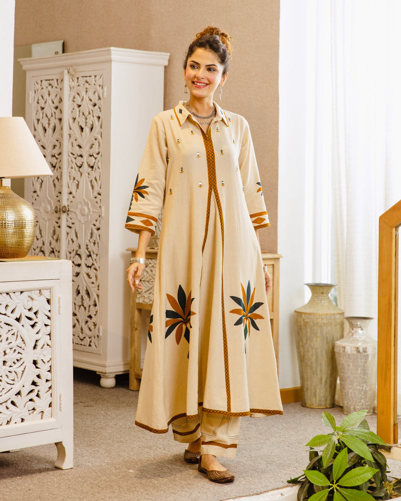 Ivory Bloom Mirrorwork A Line Cotton Kurta Set
