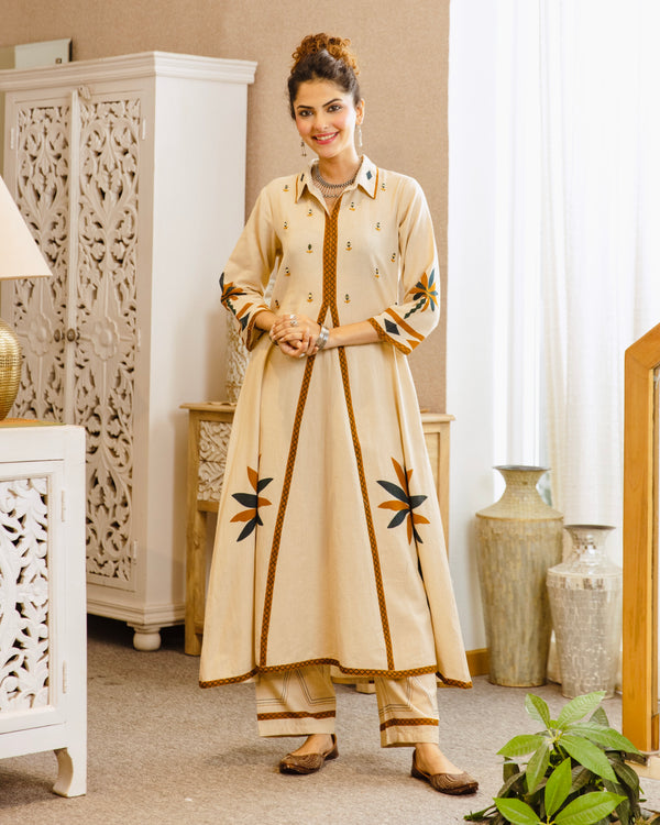 Ivory Bloom Mirrorwork A Line Cotton Kurta Set