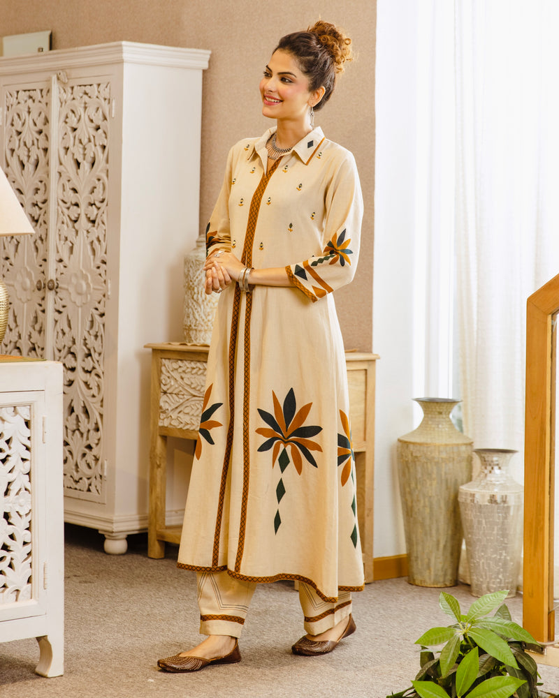 Ivory Bloom Mirrorwork A Line Cotton Kurta Set