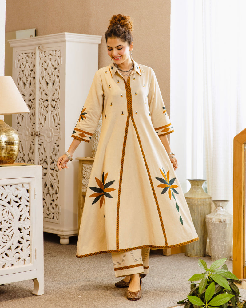 Ivory Bloom Mirrorwork A Line Cotton Kurta Set