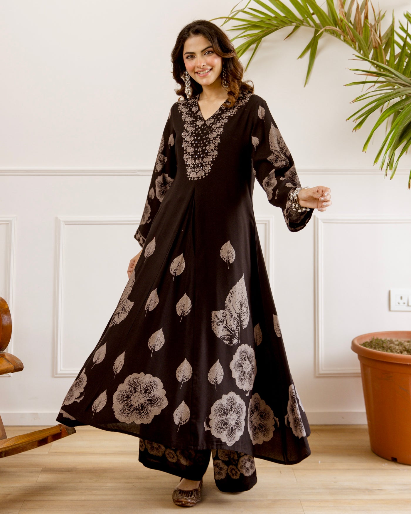 Black Autumn Bloom Cotton A Line Kurta Set