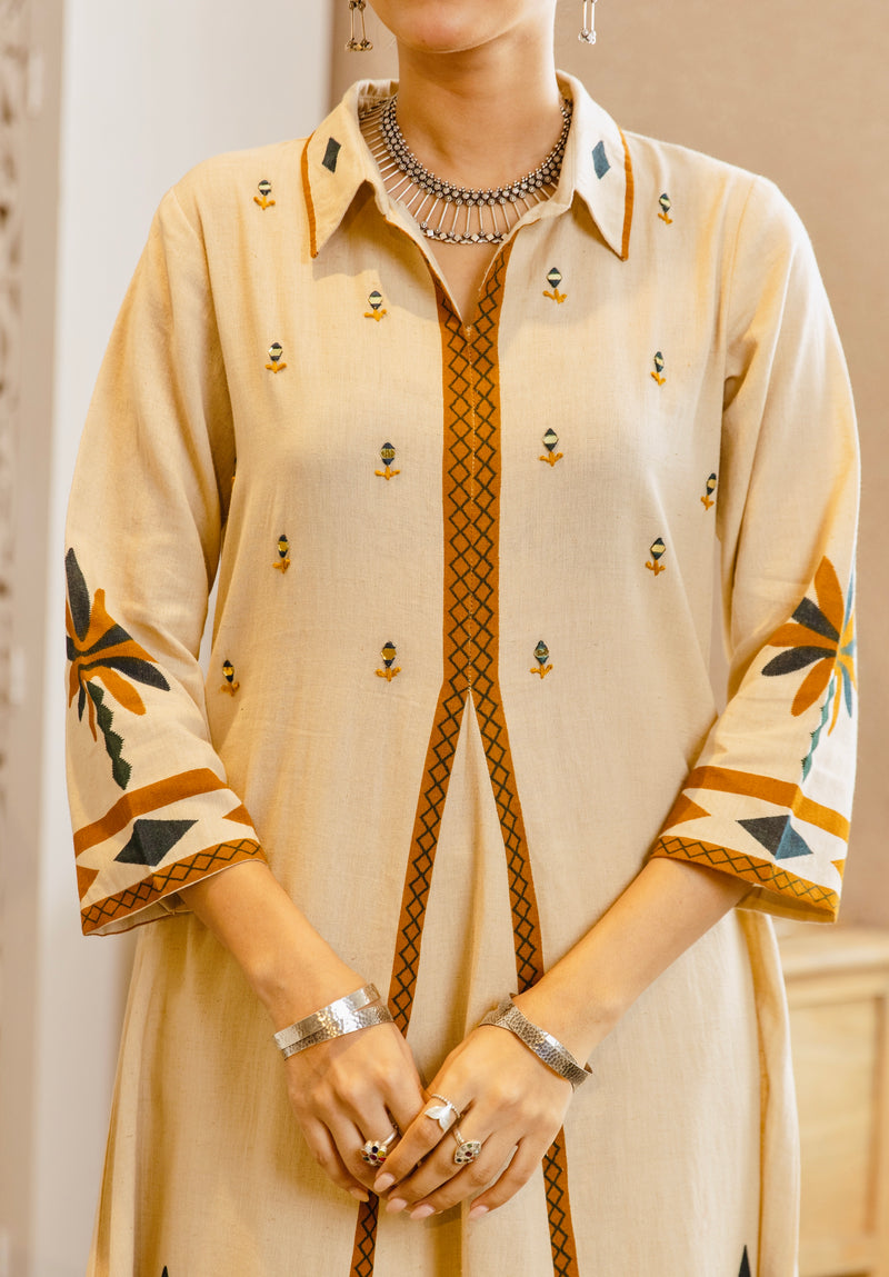 Ivory Bloom Mirrorwork A Line Cotton Kurta Set