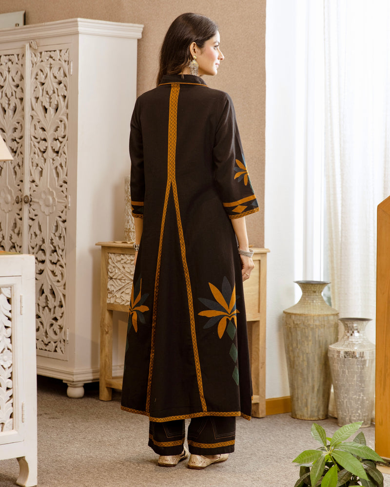 Black Marigold Mirrorwork A Line Cotton Kurta Set