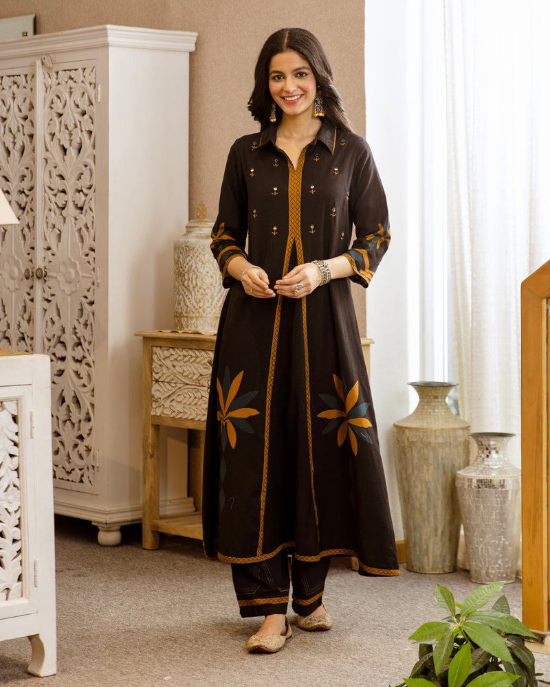 Black Marigold Mirrorwork A Line Cotton Kurta Set
