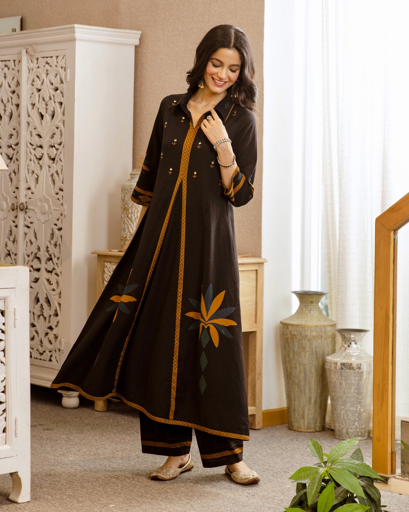 Black Marigold Mirrorwork A Line Cotton Kurta Set