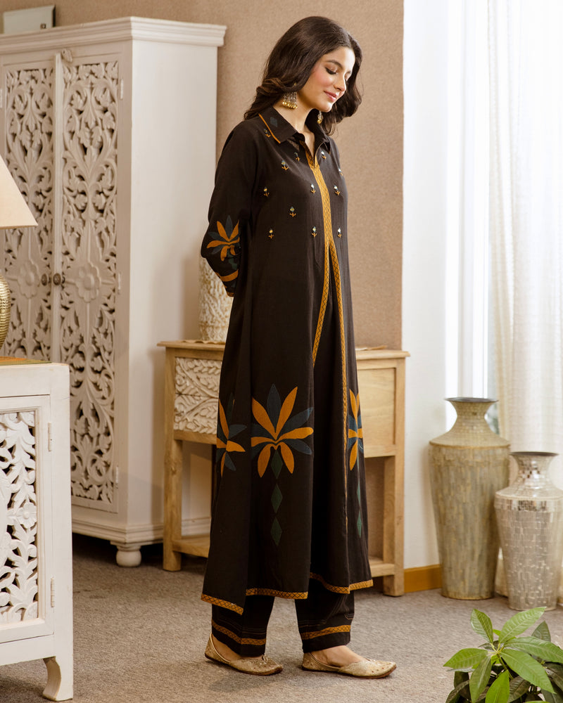 Black Marigold Mirrorwork A Line Cotton Kurta Set