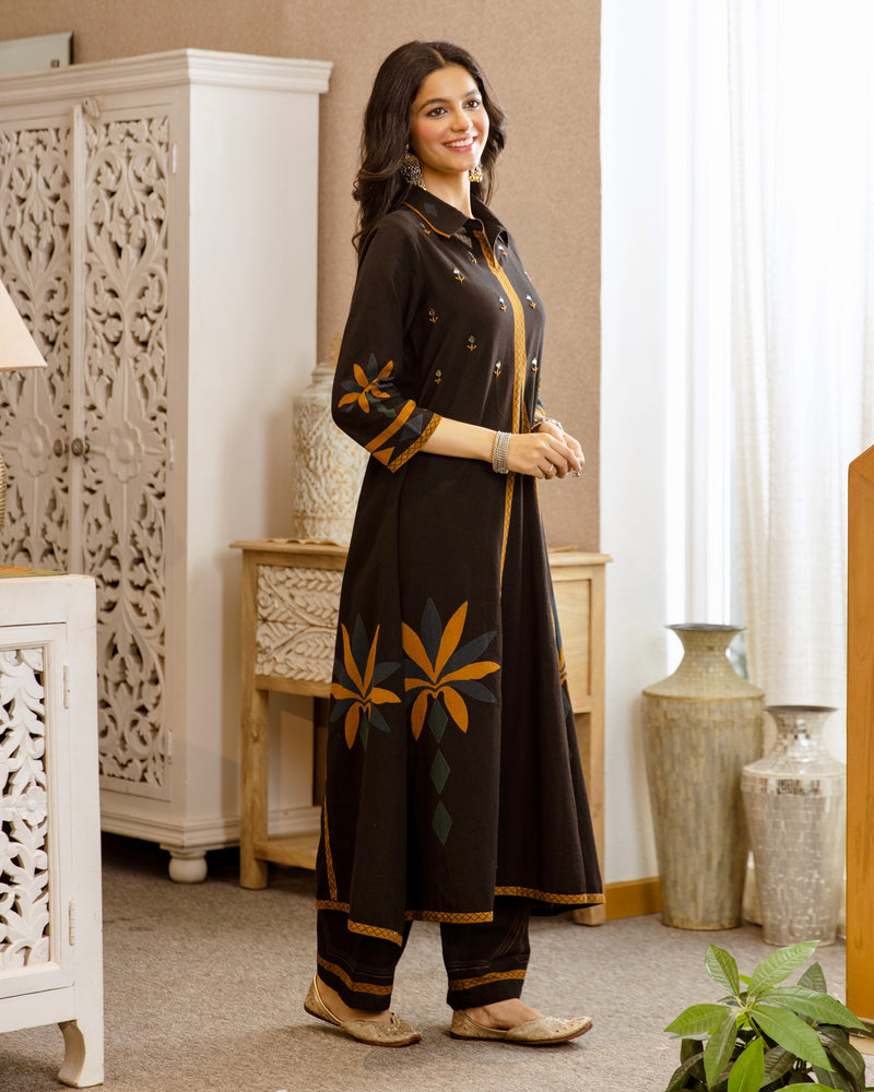 Black Marigold Mirrorwork A Line Cotton Kurta Set