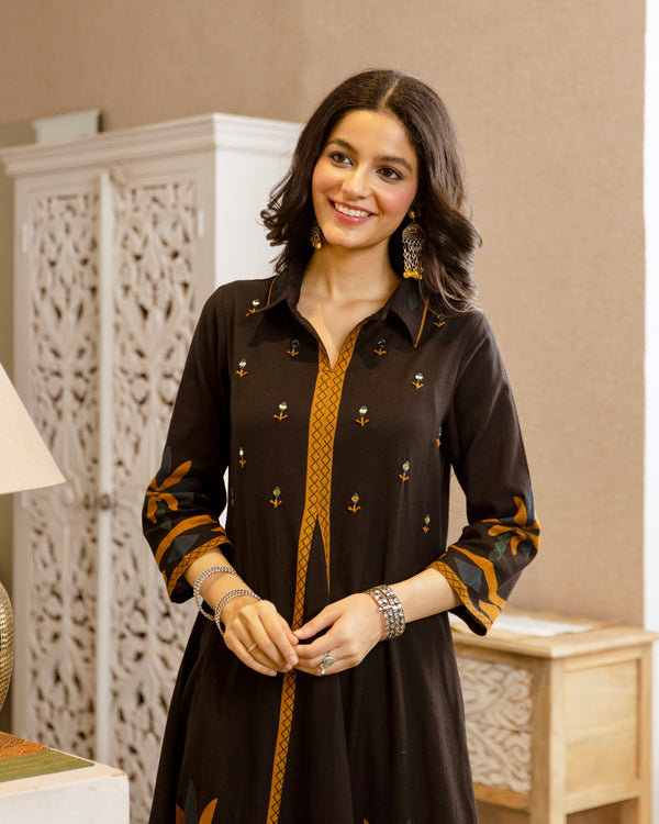 Black Marigold Mirrorwork A Line Cotton Kurta Set
