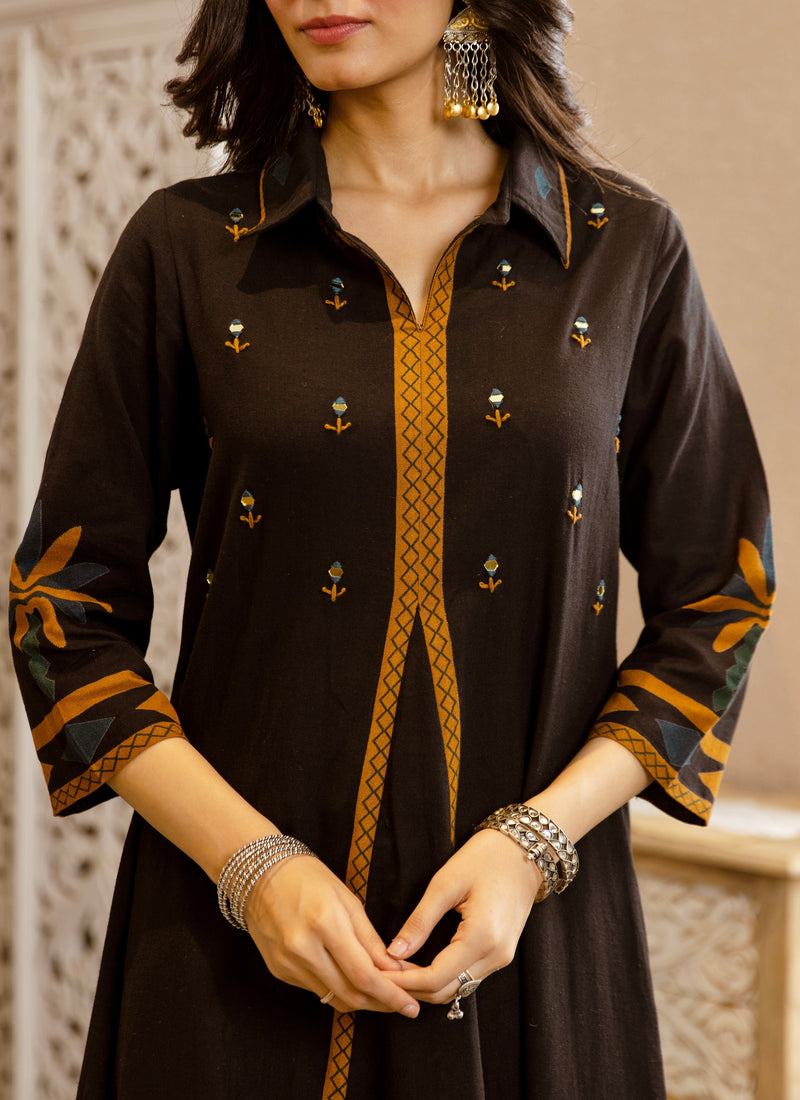 Black Marigold Mirrorwork A Line Cotton Kurta Set