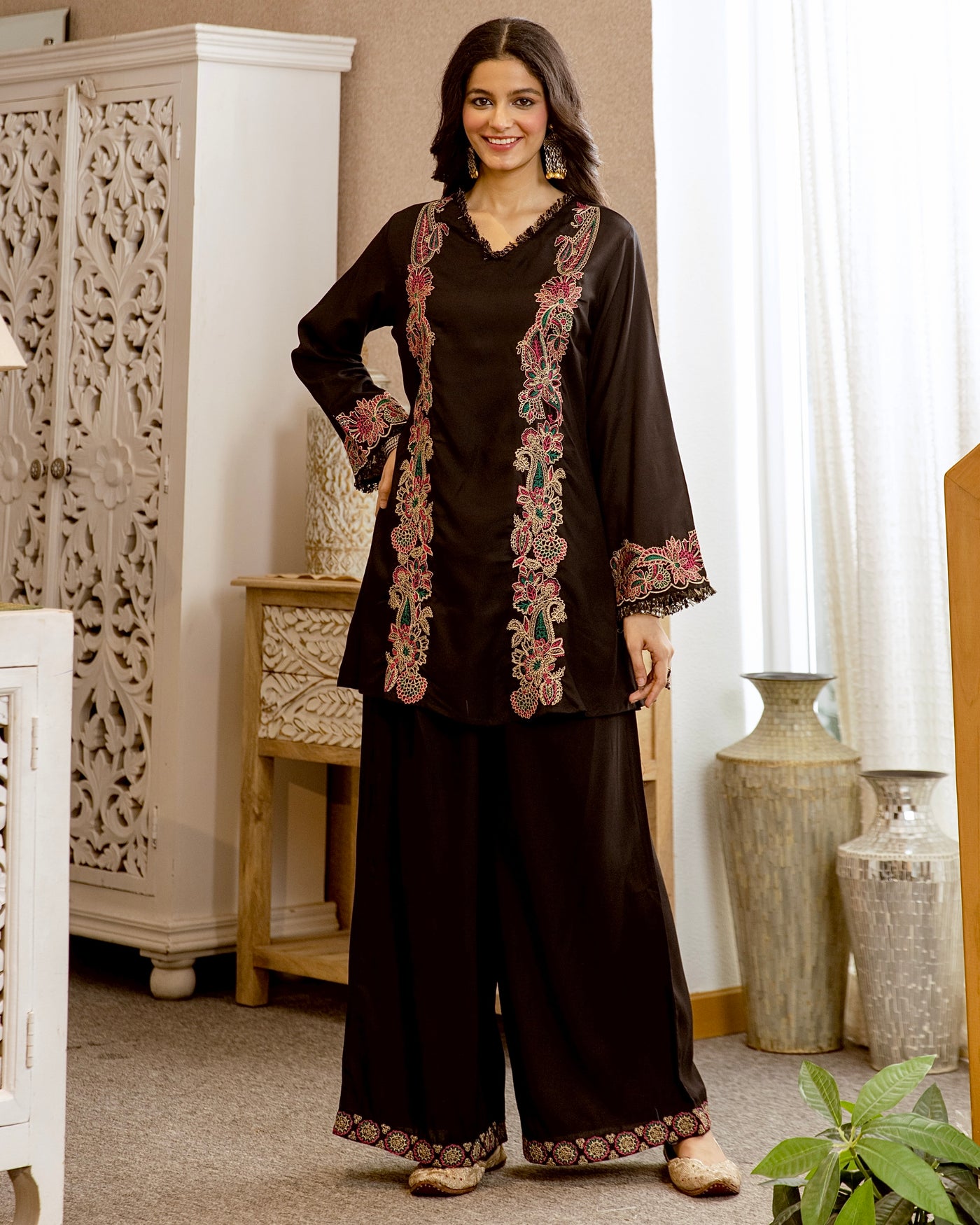 Black Blossom Threadwork Cotton Co-ord