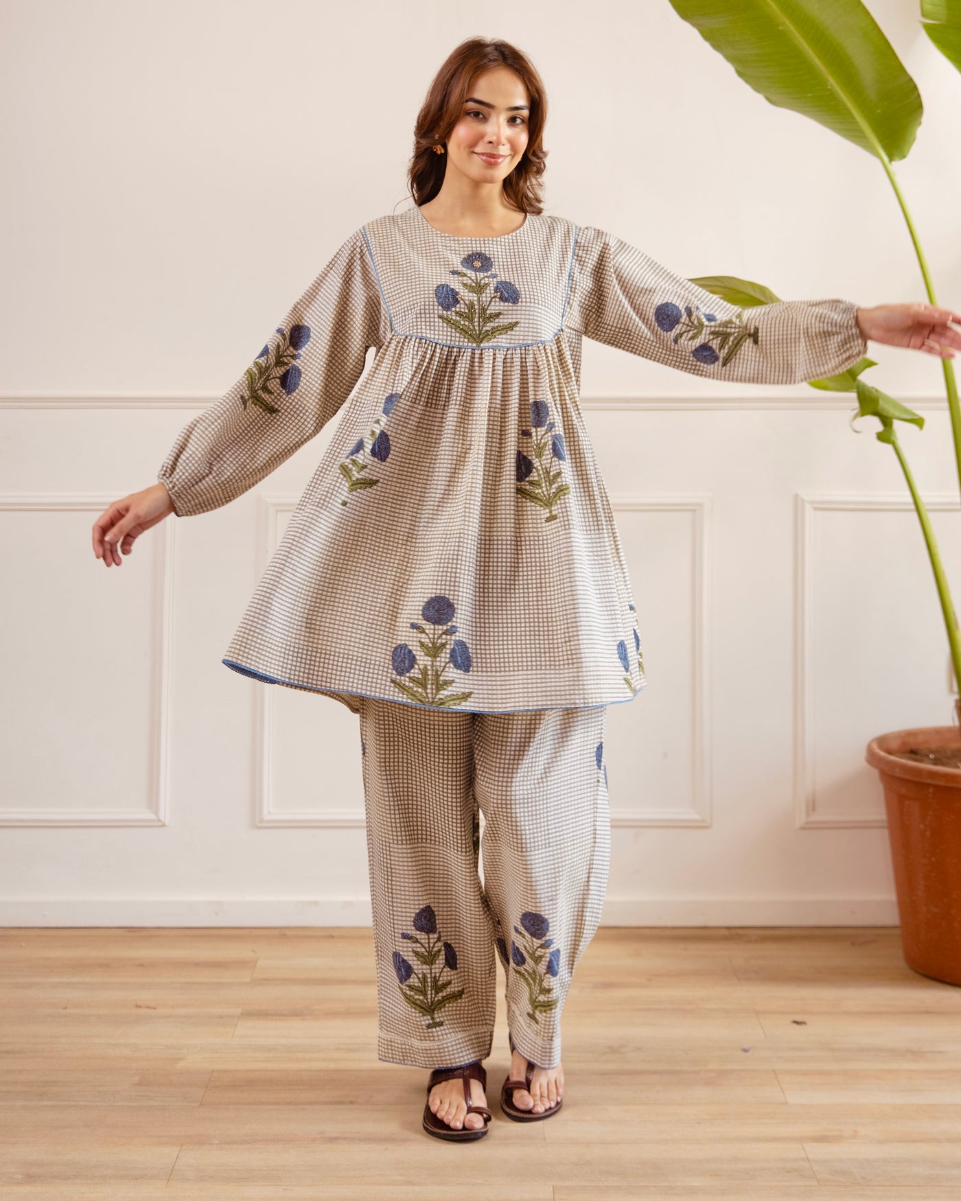 Azure Wildflower Checks A Line Cotton Co-ord