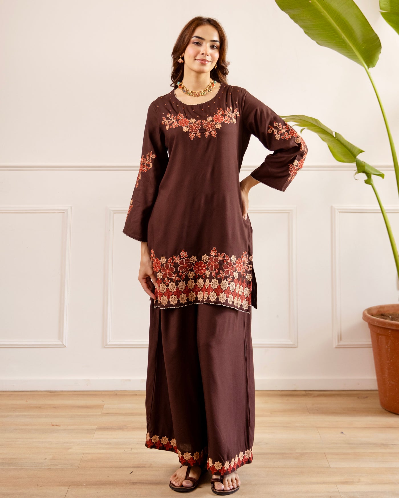 Espresso Flora Threadwork Cotton Co-ord