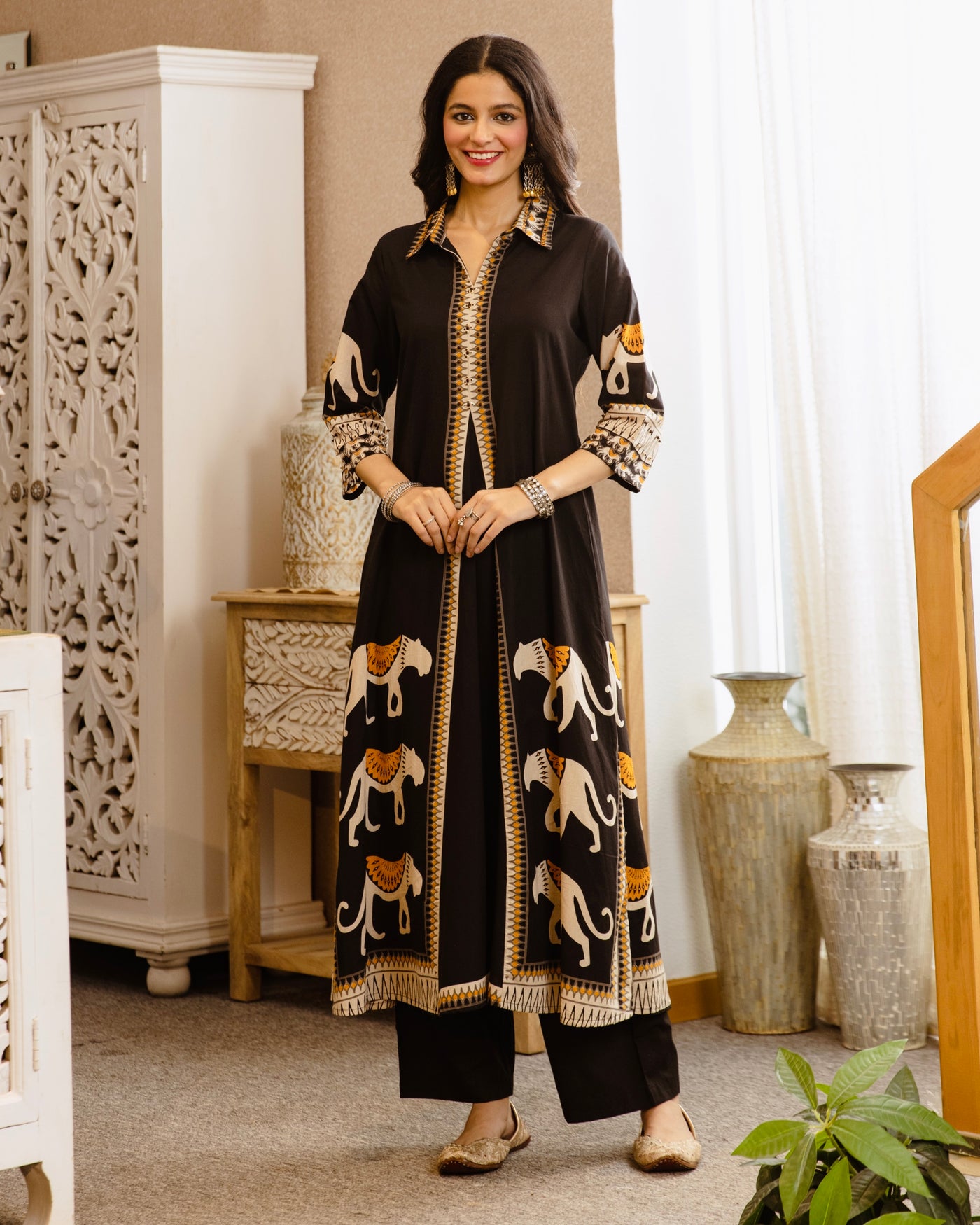Black Tribal Bagh Beadwork A Line Cotton Kurta Set